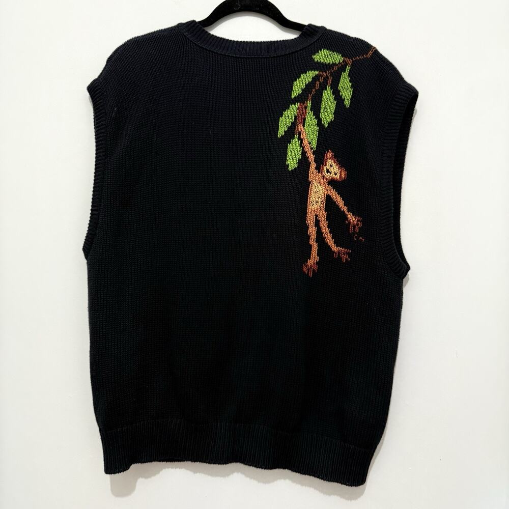Vintage Keren Black Cardigan Cotton Sweater Vest Monkeys Animal Buttons USA XL